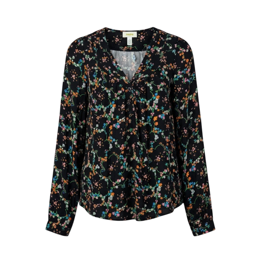 Maeve Anthropologie :Black floral rayon blouse with split neckline, pleated fron